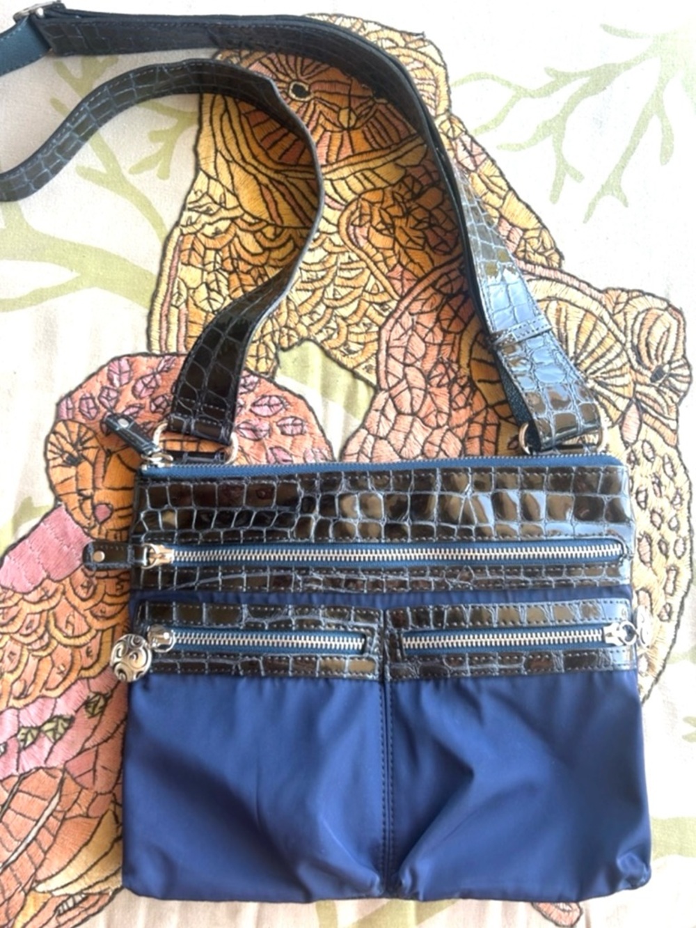 Brighton Navy Nylon Crossbody Bag with Croc Pattern Leather Trim